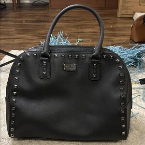 Michael Kors Black Studded Saffiano Leather Zip Satchel